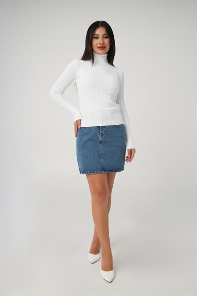 Balıkçı Yaka Fitilli Esnek Beyaz Triko Kazak