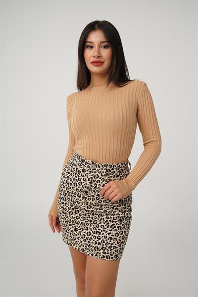 Balıkçı Yaka Fitilli Esnek Camel Triko Kazak