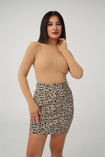 Balıkçı Yaka Fitilli Esnek Camel Triko Kazak