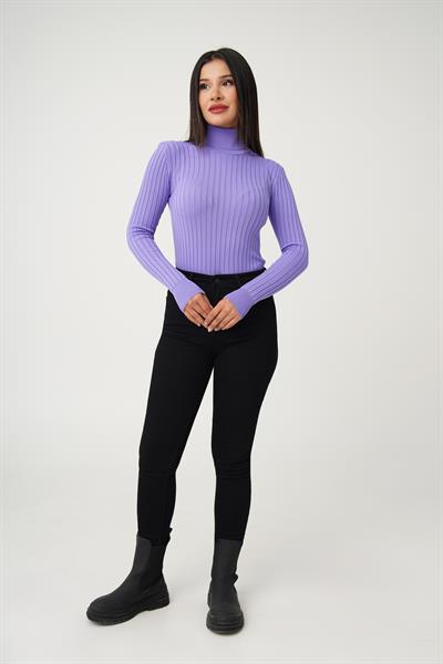 Balıkçı Yaka Fitilli Esnek Lila Triko Kazak