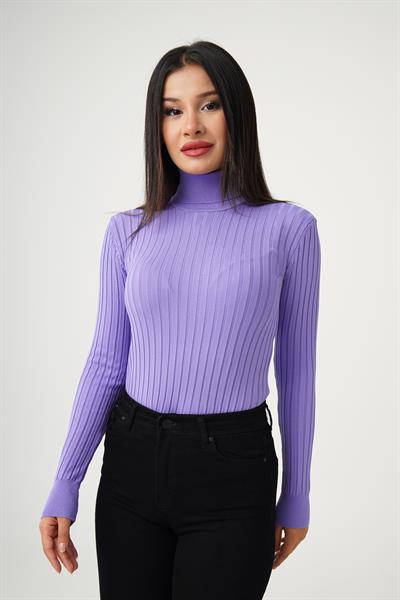 Balıkçı Yaka Fitilli Esnek Lila Triko Kazak