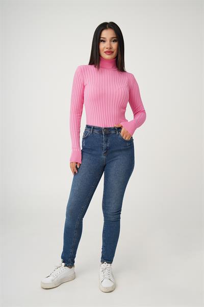 Balıkçı Yaka Fitilli Esnek Pembe Triko Kazak