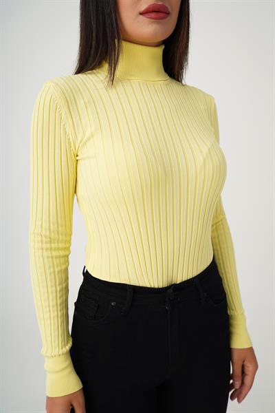 Balıkçı Yaka Fitilli Esnek Sarı Triko Kazak