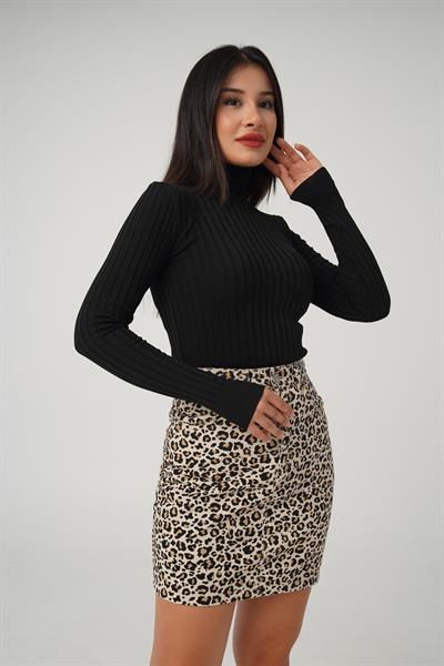 Balıkçı Yaka Fitilli Esnek Siyah Triko Kazak