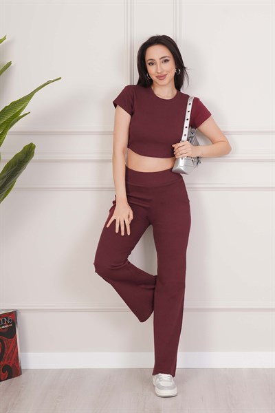 Basic Crop ve İspanyol Paça Pantolon Bordo İkili Takım