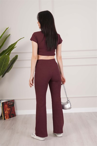 Basic Crop ve İspanyol Paça Pantolon Bordo İkili Takım