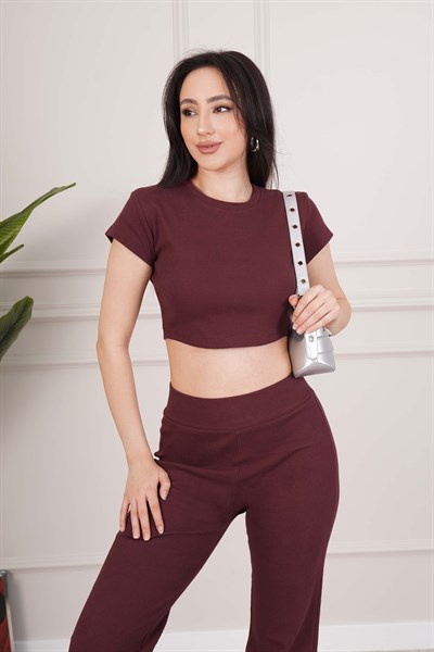 Basic Crop ve İspanyol Paça Pantolon Bordo İkili Takım