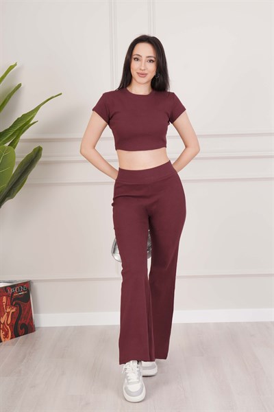 Basic Crop ve İspanyol Paça Pantolon Bordo İkili Takım