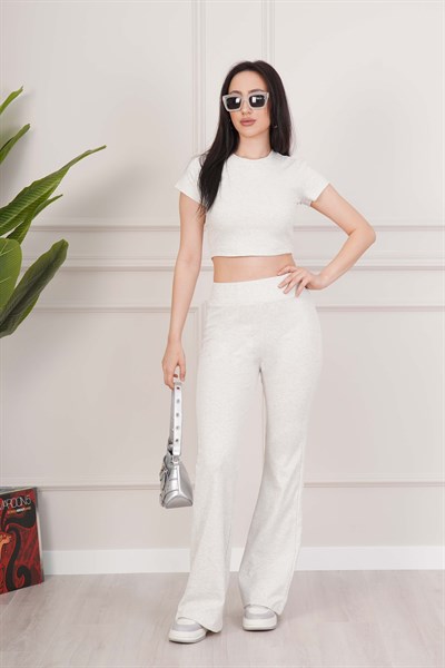 Basic Crop ve İspanyol Paça Pantolon Gri İkili Takım