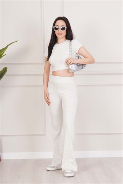 Basic Crop ve İspanyol Paça Pantolon Gri İkili Takım
