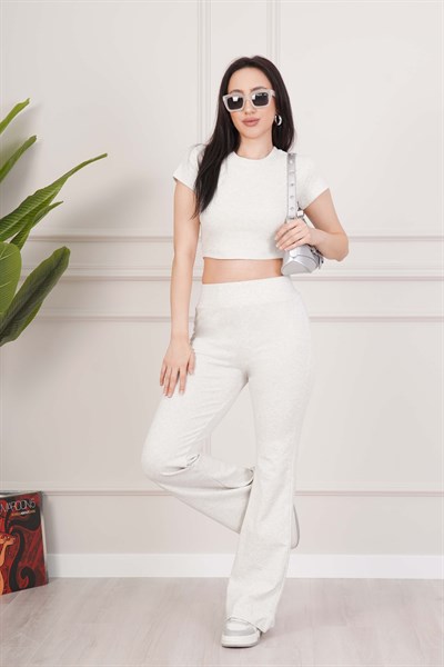 Basic Crop ve İspanyol Paça Pantolon Gri İkili Takım