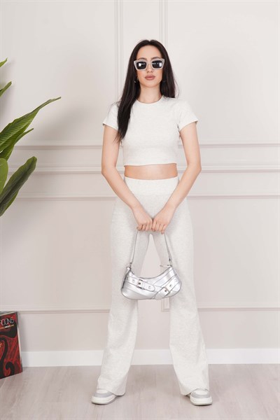 Basic Crop ve İspanyol Paça Pantolon Gri İkili Takım