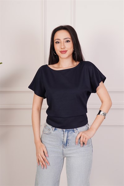 Basic Oys Kumaş Kısa Kol Lacivert Bluz