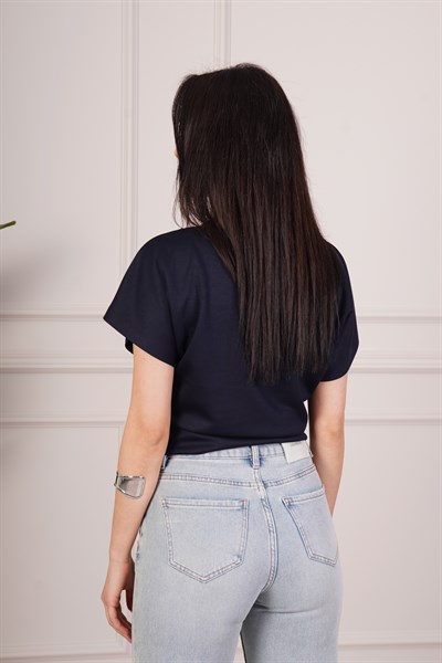 Basic Oys Kumaş Kısa Kol Lacivert Bluz
