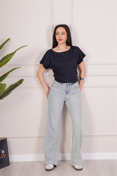 Basic Oys Kumaş Kısa Kol Lacivert Bluz