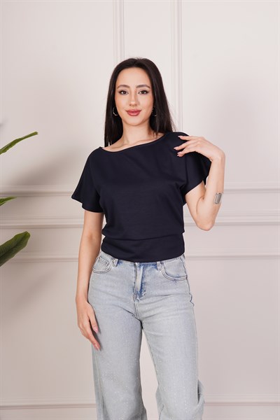 Basic Oys Kumaş Kısa Kol Lacivert Bluz
