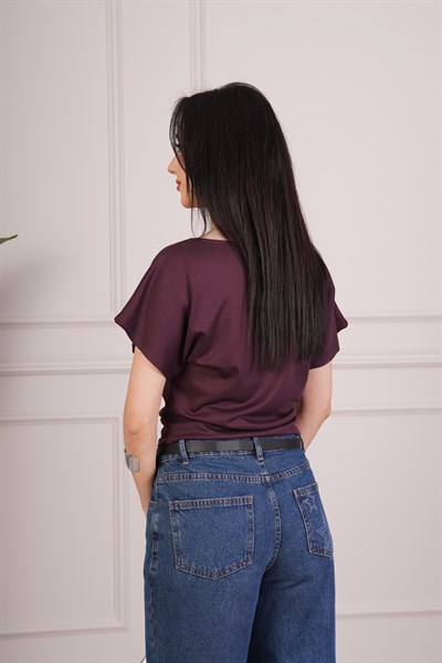 Basic Oys Kumaş Kısa Kol Mürdüm Bluz