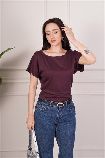 Basic Oys Kumaş Kısa Kol Mürdüm Bluz
