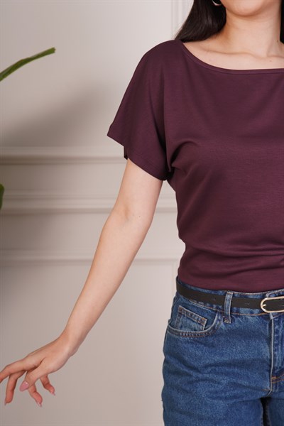 Basic Oys Kumaş Kısa Kol Mürdüm Bluz