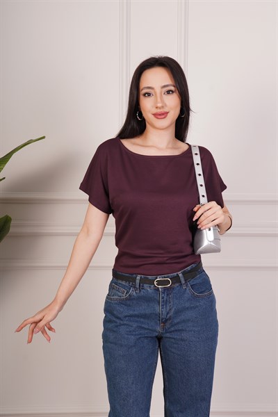 Basic Oys Kumaş Kısa Kol Mürdüm Bluz