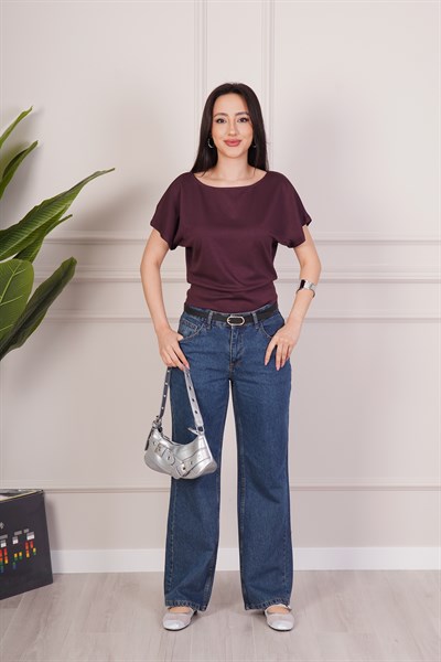 Basic Oys Kumaş Kısa Kol Mürdüm Bluz