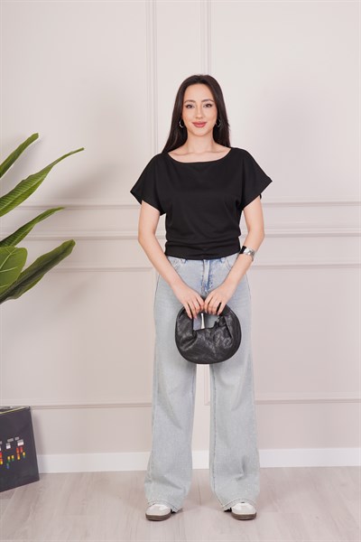 Basic Oys Kumaş Kısa Kol Siyah Bluz