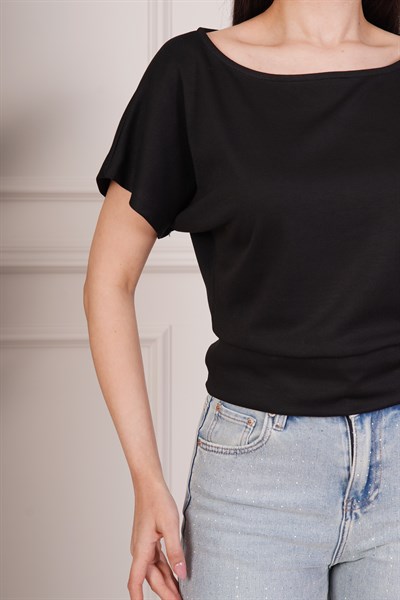 Basic Oys Kumaş Kısa Kol Siyah Bluz