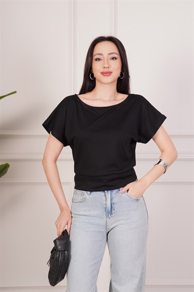 Basic Oys Kumaş Kısa Kol Siyah Bluz