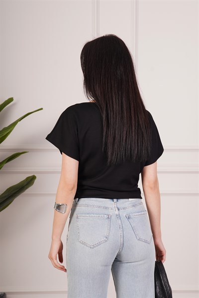 Basic Oys Kumaş Kısa Kol Siyah Bluz