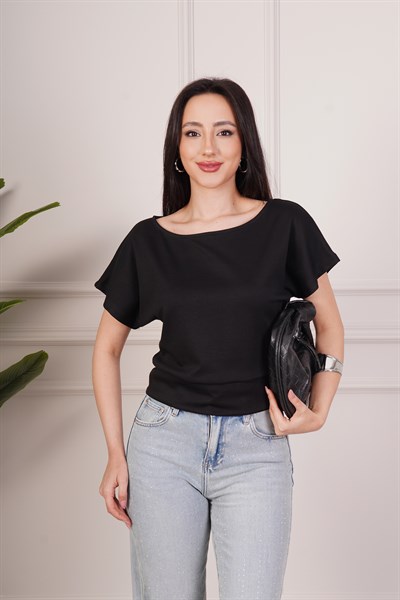 Basic Oys Kumaş Kısa Kol Siyah Bluz
