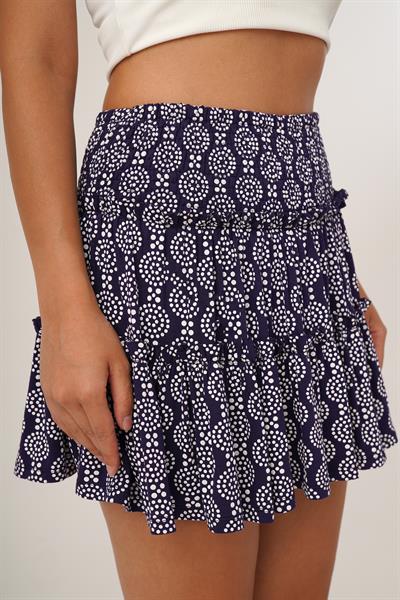 Baskılı Kat Kat Mini Lacivert Şort Etek