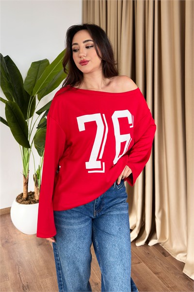 Baskılı Omuz Dekolteli Kırmızı Spor Bluz
