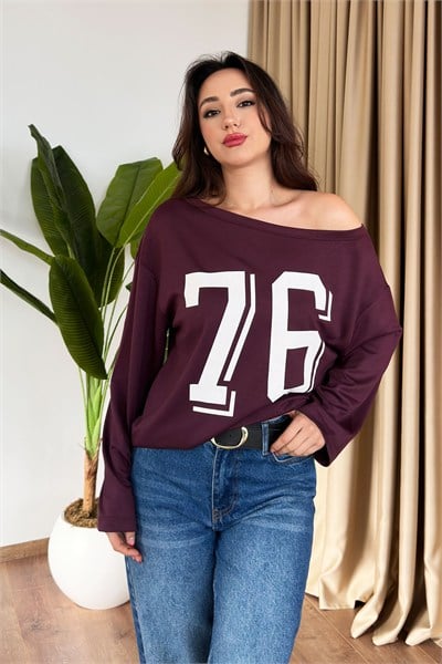 Baskılı Omuz Dekolteli Mürdüm Spor Bluz