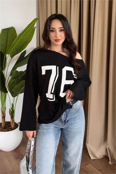 Baskılı Omuz Dekolteli Siyah Spor Bluz