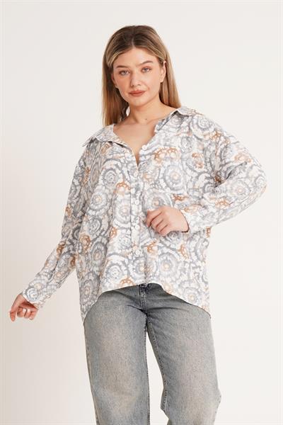 Batik Desenli Oversize Gri Gömlek