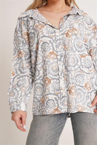 Batik Desenli Oversize Gri Gömlek