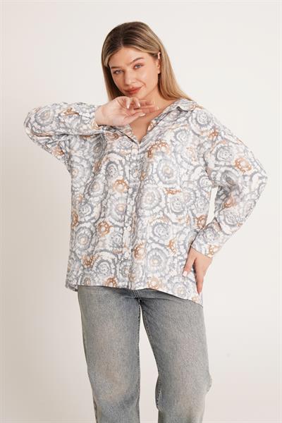 Batik Desenli Oversize Gri Gömlek