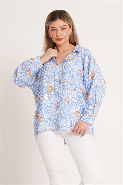 Batik Desenli Oversize Mavi Gömlek