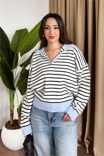 Bebe Mavisi Çizgili Yarım Fermuar Polo Yaka Triko Kazak