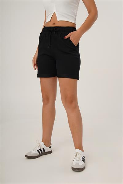 Bel Bağcıklı Spor Siyah Şort