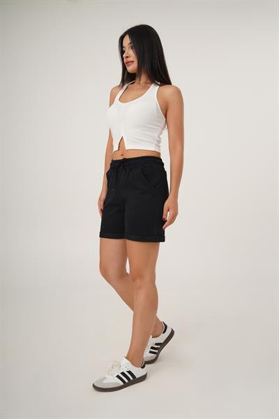 Bel Bağcıklı Spor Siyah Şort
