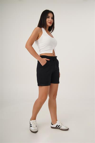 Bel Bağcıklı Spor Siyah Şort