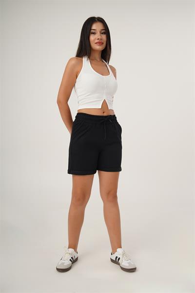 Bel Bağcıklı Spor Siyah Şort