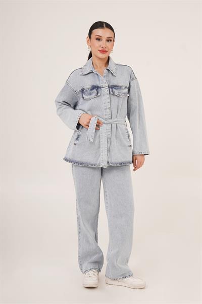 Bel Kuşaklı Ceket ve Pantolon İkili Jean Mavi Takım