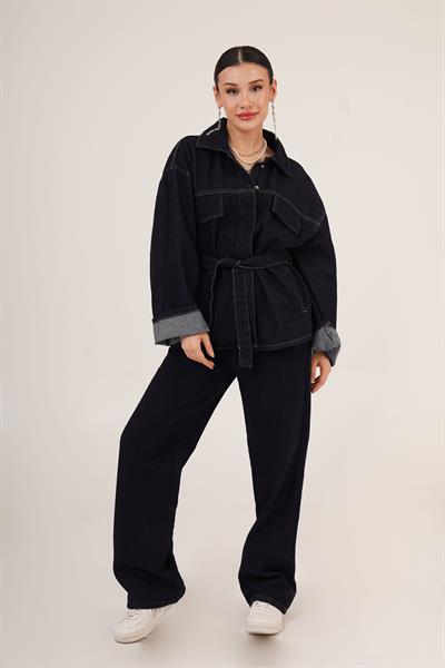 Bel Kuşaklı Ceket ve Pantolon İkili Jean Lacivert Takım