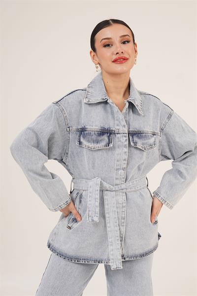 Bel Kuşaklı Ceket ve Pantolon İkili Jean Mavi Takım