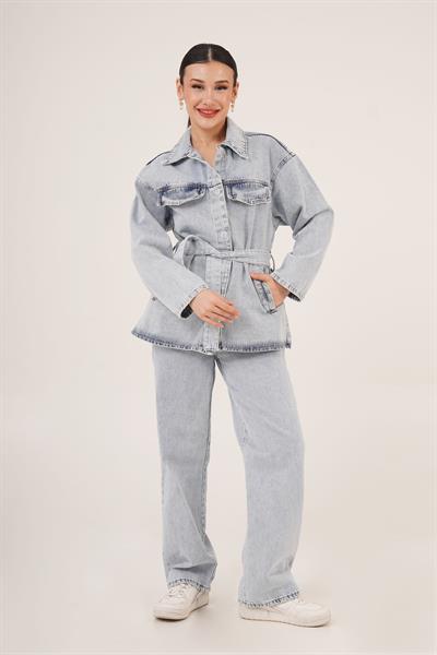 Bel Kuşaklı Ceket ve Pantolon İkili Jean Mavi Takım