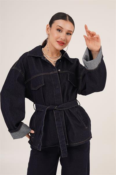 Bel Kuşaklı Ceket ve Pantolon İkili Jean Lacivert Takım