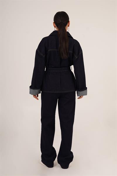 Bel Kuşaklı Ceket ve Pantolon İkili Jean Lacivert Takım