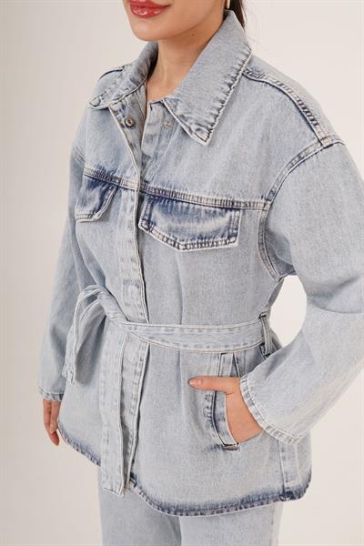 Bel Kuşaklı Ceket ve Pantolon İkili Jean Mavi Takım